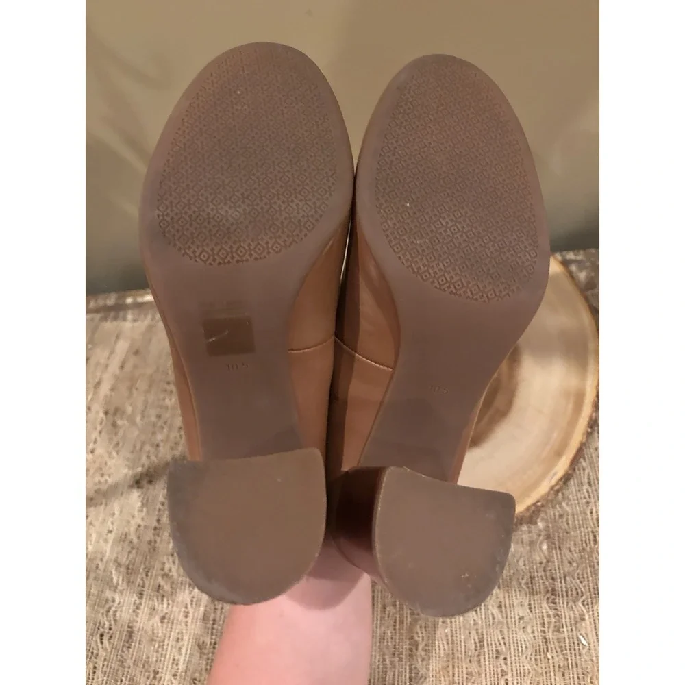 Tory Burch‎ Janey 85 MM Pump Royal Tan Leather 10.5 Block Heel Gold Logo